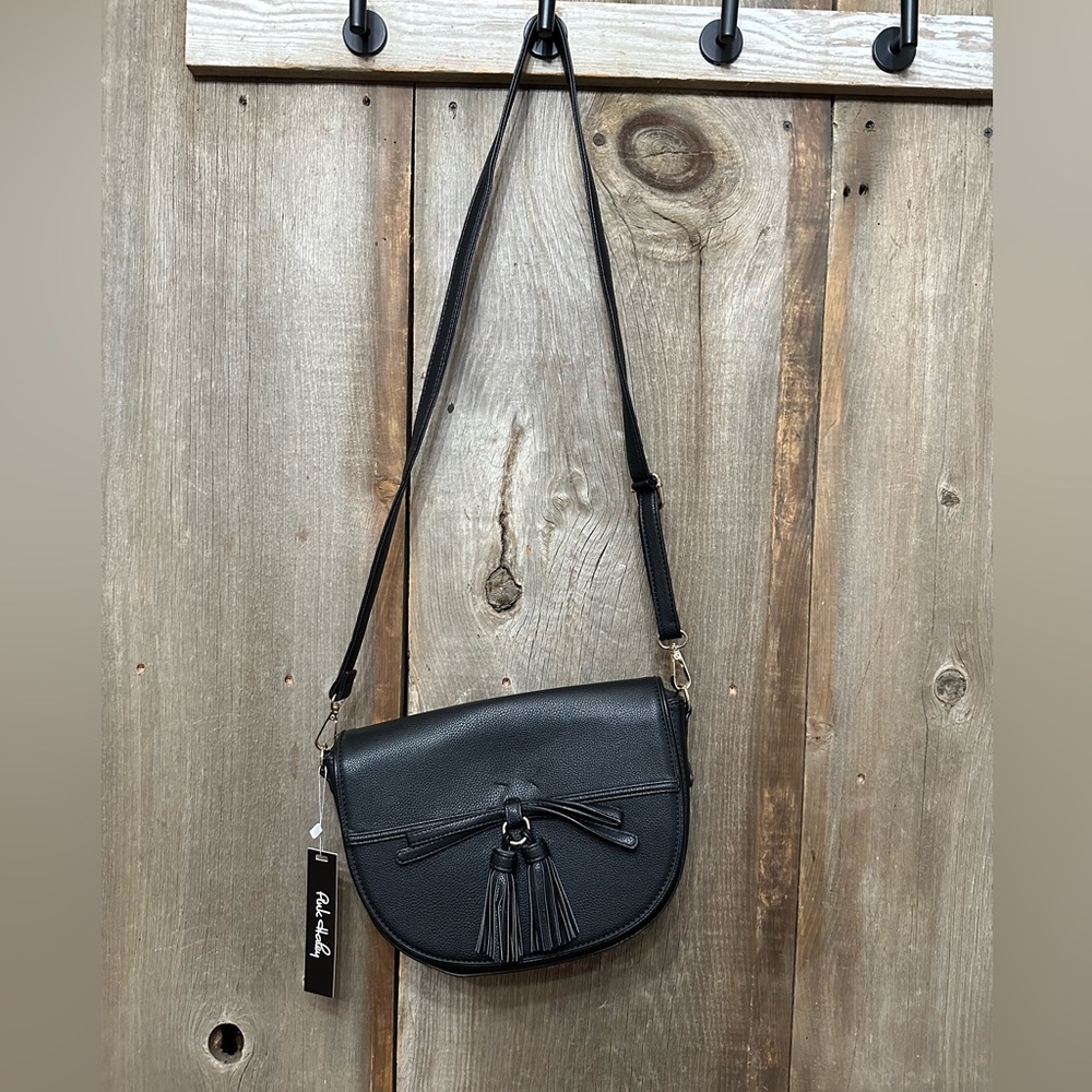Pink Haley Faux Leather Crossbody Purse with Double Tassel in Black Gold